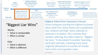 @t_magennis
“Biggest Liar Wins”
Works:
• Value is computable
• Effort is similar
Fails:
• Value is abstract
• Effort is different
 