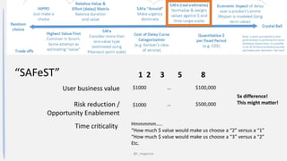 @t_magennis
“SAFeST” 1 2 3 5 8
User business value
Time criticality
Risk reduction /
Opportunity Enablement
$1000
$1000 $500,000
$100,000
5x difference!
This might matter!
Hmmmmm…..
“How much $ value would make us choose a “2” versus a “1”
“How much $ value would make us choose a “3” versus a “2”
Etc.
…
…
 