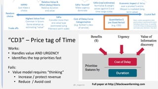 @t_magennis
“CD3” – Price tag of Time
Works:
• Handles value AND URGENCY
• Identifies the top priorities fast
Fails:
• Value model requires “thinking”
• Increase / protect revenue
• Reduce / Avoid cost
Full paper at http://blackswanfarming.com
 