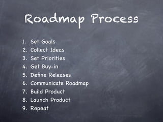 Roadmap Process
1.   Set Goals
2.   Collect Ideas
3.   Set Priorities
4.   Get Buy-in
5.   Deﬁne Releases
6.   Communicate...