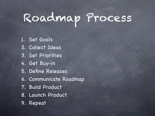 Roadmap Process
1.   Set Goals
2.   Collect Ideas
3.   Set Priorities
4.   Get Buy-in
5.   Deﬁne Releases
6.   Communicate Roadmap
7.   Build Product
8.   Launch Product
9.   Repeat
 