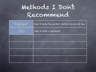 Methods I Don’t
    Recommend
Engineer   How to build the perfect solution no one will buy


  CEO      How to build a buzzword
 