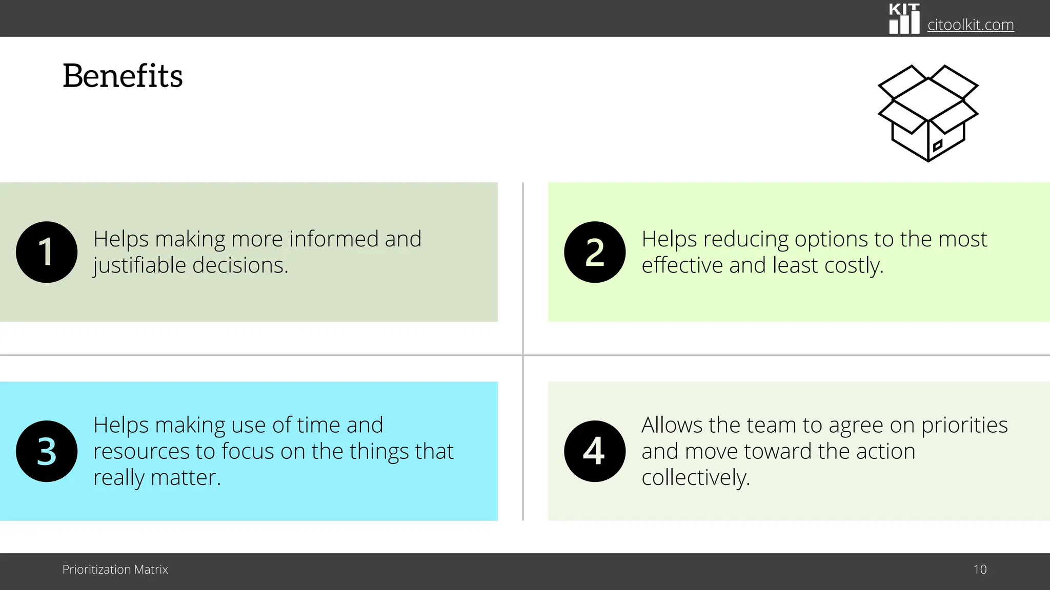 citoolkit.com
Benefits
Prioritization Matrix 10
Helps reducing options to the most
effective and least costly.
Allows the team to agree on priorities
and move toward the action
collectively.
Helps making more informed and
justifiable decisions.
Helps making use of time and
resources to focus on the things that
really matter.
 