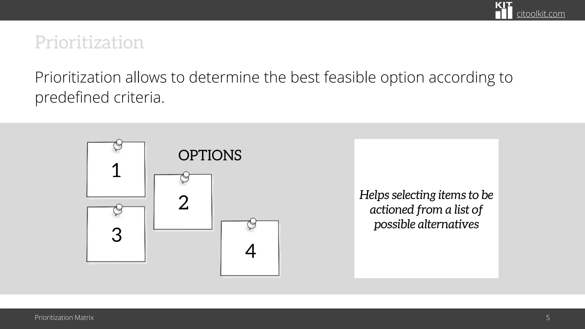 citoolkit.com
Prioritization
Prioritization allows to determine the best feasible option according to
predefined criteria.
Prioritization Matrix 5
Helps selecting items to be
actioned from a list of
possible alternatives
OPTIONS
1
3
2
4
 