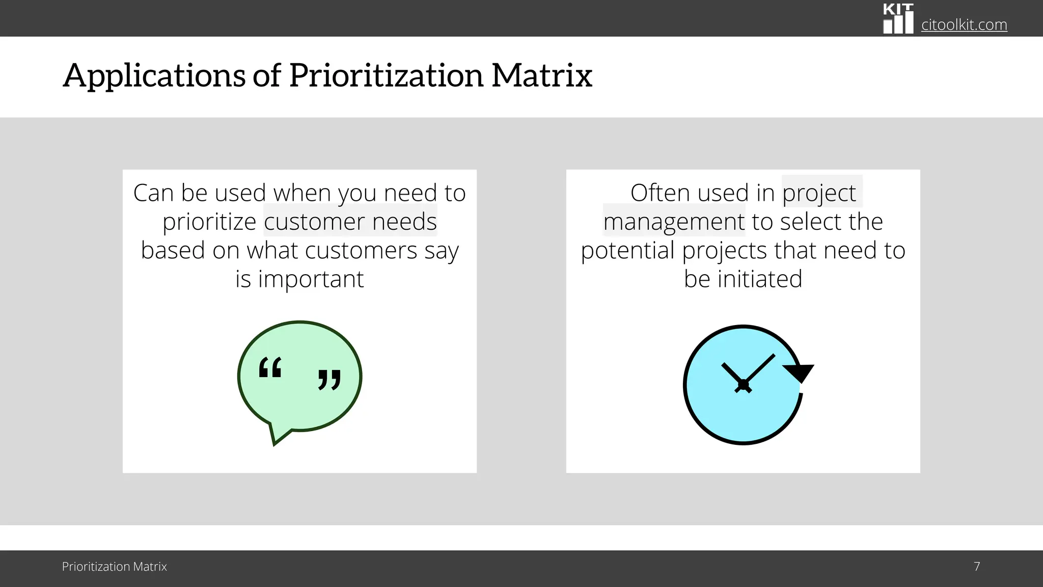 citoolkit.com
Applications of Prioritization Matrix
Prioritization Matrix 7
Often used in project
management to select the
potential projects that need to
be initiated
Can be used when you need to
prioritize customer needs
based on what customers say
is important
“
“
 
