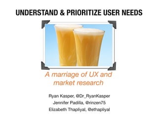 UNDERSTAND & PRIORITIZE USER NEEDS
Ryan Kasper, @Dr_RyanKasper 
Jennifer Padilla, @rinzen75 
Elizabeth Thapliyal, @ethapliyal
A marriage of UX and
market research
 