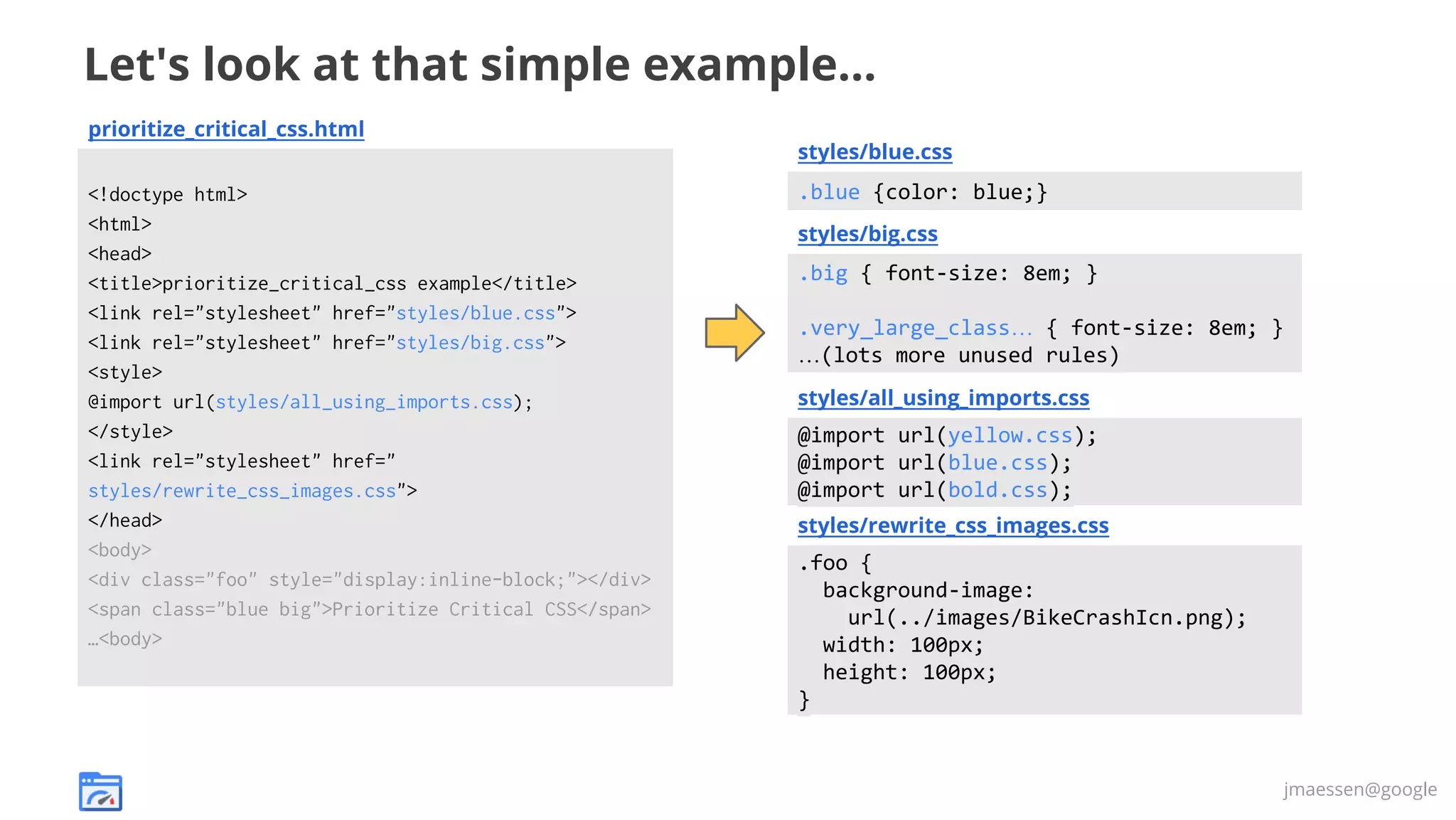 Let's look at that simple example...
prioritize_critical_css.html
styles/blue.css
<!doctype html>
<html>
<head>
<title>prioritize_critical_css example</title>
<link rel="stylesheet" href="styles/blue.css">
<link rel="stylesheet" href="styles/big.css">
<style>
@import url(styles/all_using_imports.css);
</style>
<link rel="stylesheet" href="
styles/rewrite_css_images.css">
</head>
<body>
<div class="foo" style="display:inline-block;"></div>
<span class="blue big">Prioritize Critical CSS</span>
…<body>

.blue {color: blue;}
styles/big.css

.big { font-size: 8em; }
.very_large_class… { font-size: 8em; }
…(lots more unused rules)
styles/all_using_imports.css

@import url(yellow.css);
@import url(blue.css);
@import url(bold.css);
styles/rewrite_css_images.css

.foo {
background-image:
url(../images/BikeCrashIcn.png);
width: 100px;
height: 100px;
}

jmaessen@google

 