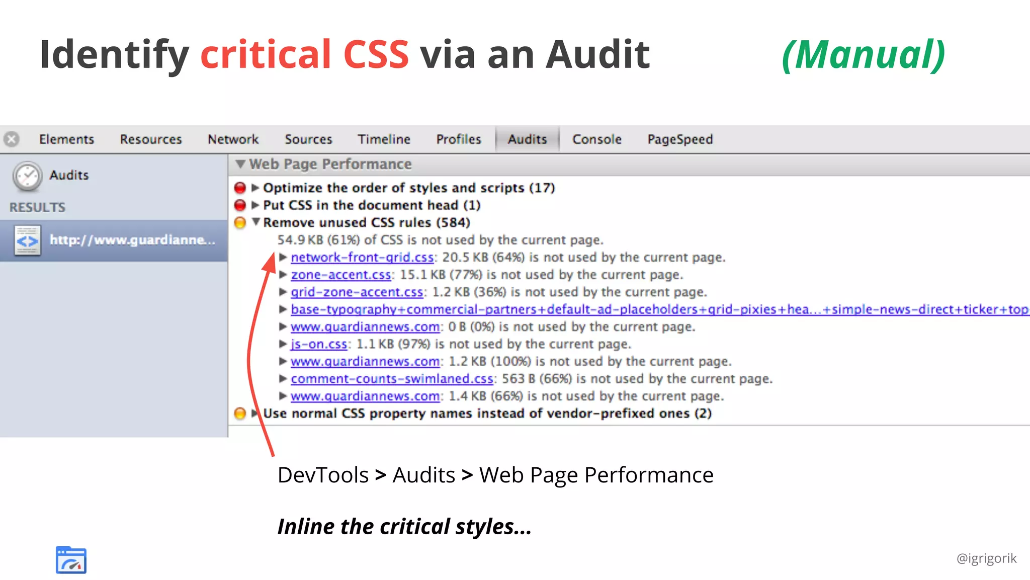Identify critical CSS via an Audit

(Manual)

DevTools > Audits > Web Page Performance
Inline the critical styles...
@igrigorik

 
