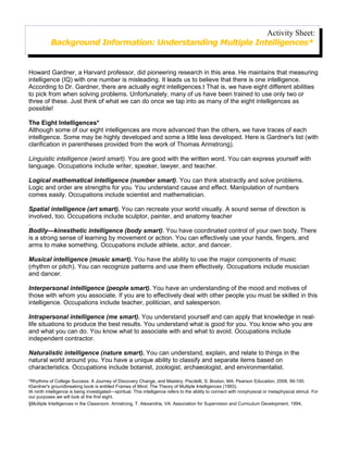 Activity Sheet:
           Background Information: Understanding Multiple Intelligences*


Howard Gardner, a Harvard professor, did pioneering research in this area. He maintains that measuring
intelligence (IQ) with one number is misleading. It leads us to believe that there is one intelligence.
According to Dr. Gardner, there are actually eight intelligences.t That is, we have eight different abilities
to pick from when solving problems. Unfortunately, many of us have been trained to use only two or
three of these. Just think of what we can do once we tap into as many of the eight intelligences as
possible!

The Eight Intelligences*
Although some of our eight intelligences are more advanced than the others, we have traces of each
intelligence. Some may be highly developed and some a little less developed. Here is Gardner's list (with
clarification in parentheses provided from the work of Thomas Armstrong).

Linguistic intelligence (word smart). You are good with the written word. You can express yourself with
language. Occupations include writer, speaker, lawyer, and teacher.

Logical mathematical intelligence (number smart). You can think abstractly and solve problems.
Logic and order are strengths for you. You understand cause and effect. Manipulation of numbers
comes easily. Occupations include scientist and mathematician.

Spatial intelligence (art smart). You can recreate your world visually. A sound sense of direction is
involved, too. Occupations include sculptor, painter, and anatomy teacher
.
Bodily—kinesthetic intelligence (body smart). You have coordinated control of your own body. There
is a strong sense of learning by movement or action. You can effectively use your hands, fingers, and
arms to make something. Occupations include athlete, actor, and dancer.

Musical intelligence (music smart). You have the ability to use the major components of music
(rhythm or pitch). You can recognize patterns and use them effectively. Occupations include musician
and dancer.

Interpersonal intelligence (people smart). You have an understanding of the mood and motives of
those with whom you associate. If you are to effectively deal with other people you must be skilled in this
intelligence. Occupations include teacher, politician, and salesperson.

Intrapersonal intelligence (me smart). You understand yourself and can apply that knowledge in real-
life situations to produce the best results. You understand what is good for you. You know who you are
and what you can do. You know what to associate with and what to avoid. Occupations include
independent contractor.

Naturalistic intelligence (nature smart). You can understand, explain, and relate to things in the
natural world around you. You have a unique ability to classify and separate items based on
characteristics. Occupations include botanist, zoologist, archaeologist, and environmentalist.

*Rhythms of College Success: A Journey of Discovery Change, and Mastery. Piscitelli, S. Boston, MA: Pearson Education, 2008, 99-100.
tGardner's groundbreaking book is entitled Frames of Mind: The Theory of Multiple Intelligences (1993).
tA ninth intelligence is being investigated—spiritual. This intelligence refers to the ability to connect with nonphysical or metaphysical stimuli. For
our purposes we will look at the first eight.
§Multiple Intelligences in the Classroom. Armstrong, T. Alexandria, VA: Association for Supervision and Curriculum Development, 1994.
 