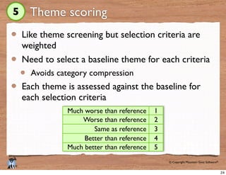 © Copyright Mountain Goat Software®
®
Theme scoring
Like theme screening but selection criteria are
weighted
Need to select a baseline theme for each criteria
Avoids category compression
Each theme is assessed against the baseline for
each selection criteria
5
Much worse than reference 1
Worse than reference 2
Same as reference 3
Better than reference 4
Much better than reference 5
24
 