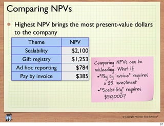 © 2009 Mountain Goat Software© Copyright Mountain Goat Software®
®
Comparing NPVs
Highest NPV brings the most present-valu...
