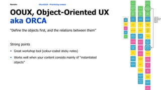 Namahn
OOUX, Object-Oriented UX
aka ORCA
“Define the objects first, and the relations between them”
Strong points
 Great workshop tool (colour-coded sticky notes)
 Works well when your content consists mainly of “instantiated
objects”
#EuroIA20 - Prioritizing content 17
 
