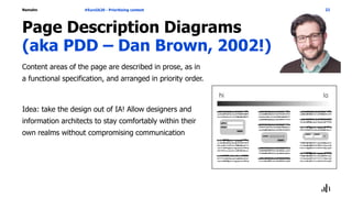 Namahn
Page Description Diagrams
(aka PDD – Dan Brown, 2002!)
Content areas of the page are described in prose, as in
a functional specification, and arranged in priority order.
Idea: take the design out of IA! Allow designers and
information architects to stay comfortably within their
own realms without compromising communication
#EuroIA20 - Prioritizing content 22
 