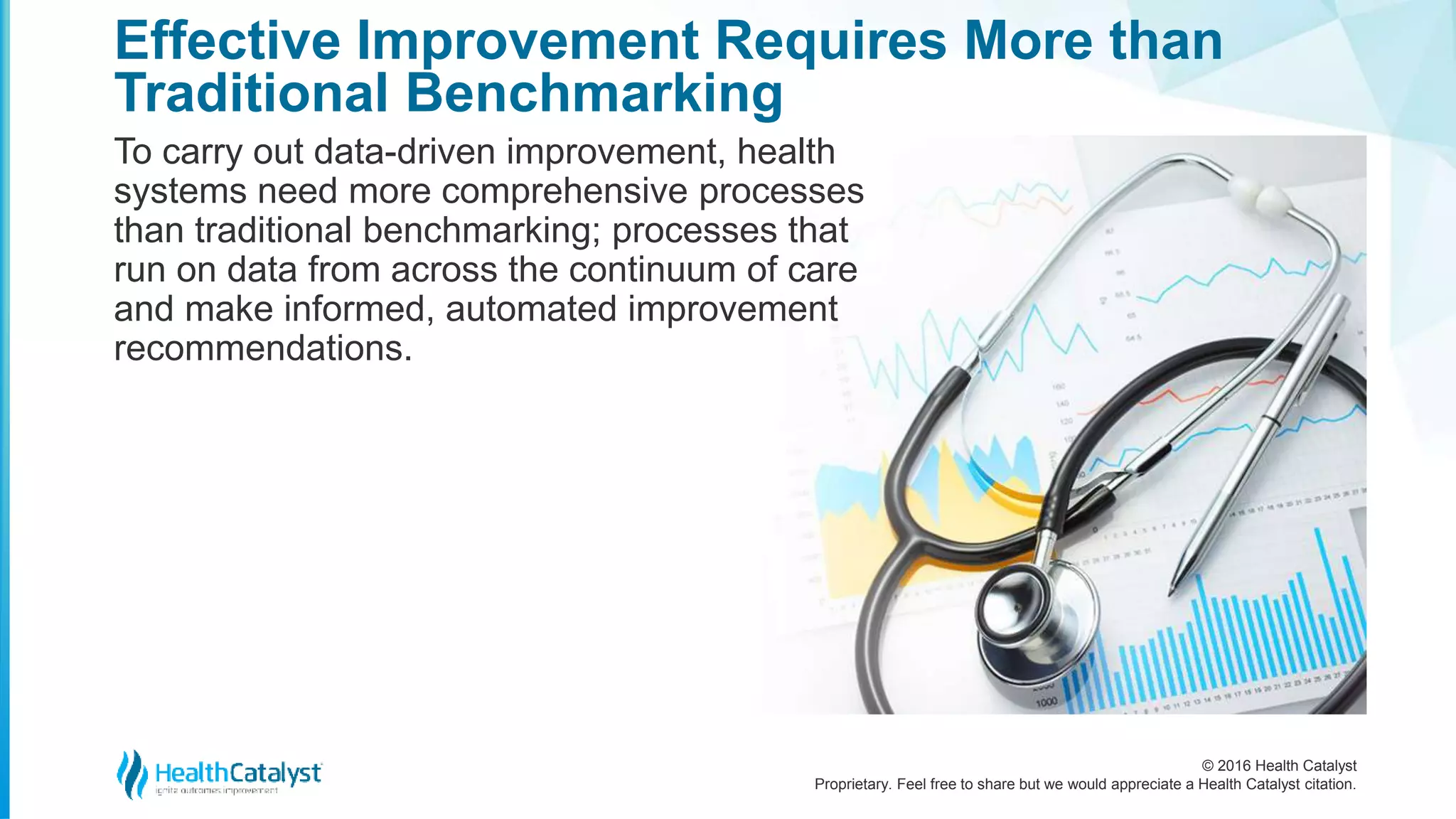 © 2016 Health Catalyst
Proprietary. Feel free to share but we would appreciate a Health Catalyst citation.
Effective Improvement Requires More than
Traditional Benchmarking
To carry out data-driven improvement, health
systems need more comprehensive processes
than traditional benchmarking; processes that
run on data from across the continuum of care
and make informed, automated improvement
recommendations.
 