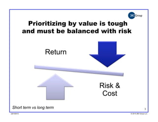 Prioritizing by value is tough
            and must be balanced with risk


                   Return



                                 Risk &
                                  Cost
 Short term vs long term                                  3
v20100410
v20100318                                 © 2010 280 Group LLC
                                          ©2009 280 Group LLC
 