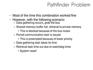 Pathfinder Problem
• Most of the time this combination worked fine
• However, with the following scenario:
– Data gathering occurs, grab the bus
– Shared memory buffer full, retrieval to private memory
• This is blocked because of the bus mutex
– Period communication task is issued
• This is preempted because of lower priority
– Data gathering task takes its time
– Retrieval task time out due to watchdog timer
• System reset!
 