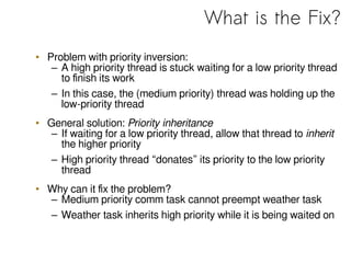 What is the Fix?
• Problem with priority inversion:
– A high priority thread is stuck waiting for a low priority thread
to...