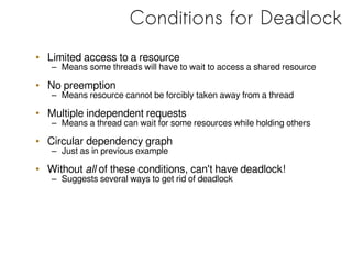 Conditions for Deadlock
• Limited access to a resource
– Means some threads will have to wait to access a shared resource
...