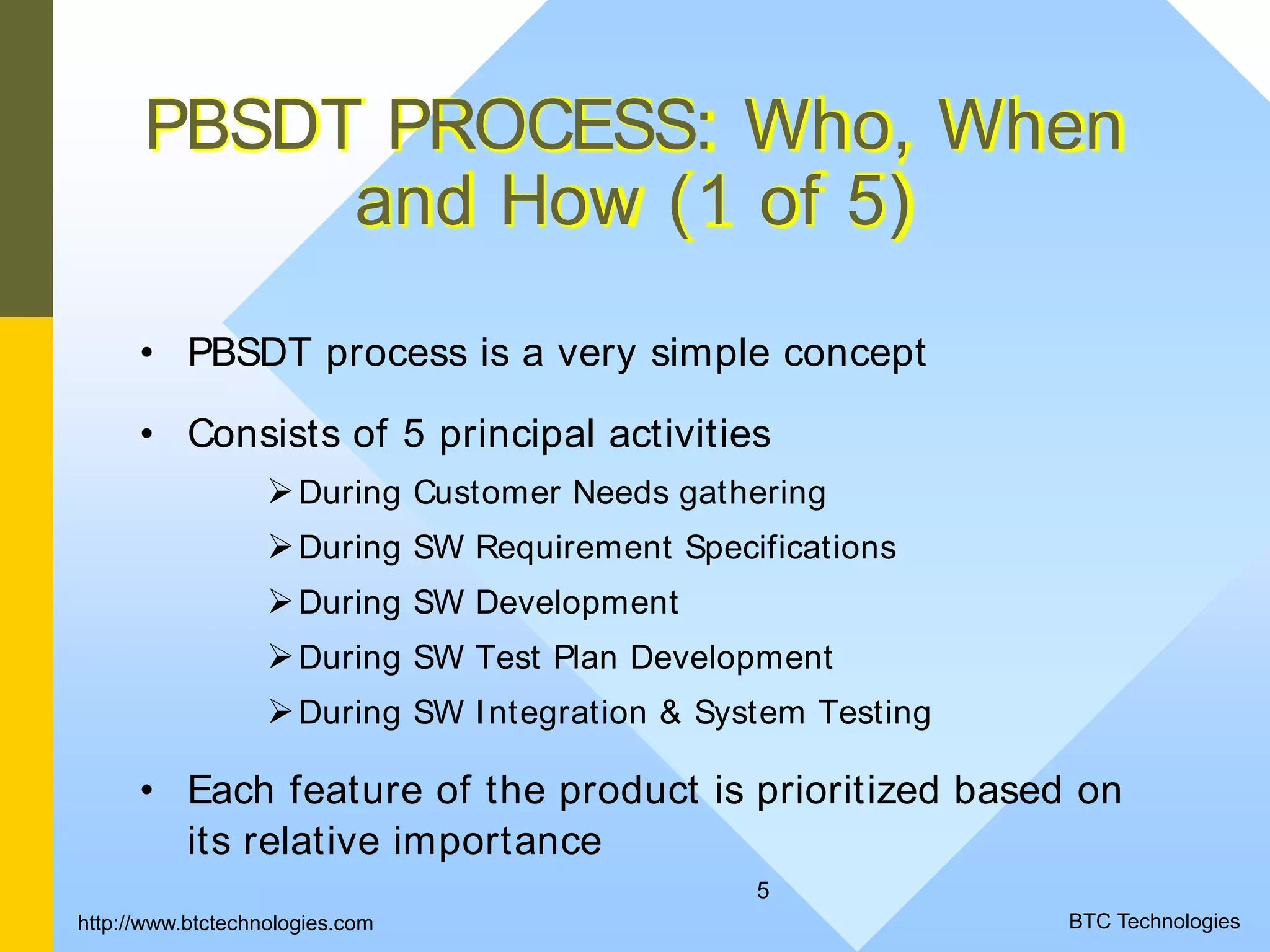 5 PBSDT PROCESS: Who, When and How (1 of 5) • PBSDT process is a very simple concept • Consists of 5 principal activities During Customer Needs gathering During SW Requirement Specifications During SW Development During SW Test Plan Development During SW Integration & System Testing • Each feature of the product is prioritized based on its relative importance BTC Technologieshttp://www.btctechnologies.com 