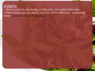 Target category: very effective
and easy to do – Yes! We can get
       Maddie to do this.
                                                 Very eﬀective in getting Maddie to pack salad 3x/wk
     No way! We cannot get Maddie to do this 




                                                                                                       Yes! We can get Maddie to do this 
                                                 Not eﬀective in getting Maddie to pack salad 3x/wk
 