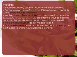 Very eﬀective in getting Maddie to pack salad 3x/wk

                                                                                                                                                             Maddie makes 3 salads
                                                                                 Maddie starts “Salad of                         Maddie joins                as soon as she gets
                                                                                 the Week” Club                                  ﬁtness challenge to         home from TJ’s,
                                                                                                                                 eat 3 salads/wk

                                                                                                                                                                Maddie refrigerates salad(s)
                                                                                                    Maddie joins “Salad of     Maddie makes list of
No way! We cannot get Maddie to do this 




                                                                                                    the Week” Club             existing behaviors and ties
                                            Campus eateries/ dining halls                                                      salad making to anchor           Maddie buys favorite
                                            BAN Maddie during lunch           Maddie has picnic with a                                                          salad ingredients




                                                                                                                                                                                                Yes! We can get Maddie to do this 
                                            hours 3x/ wk                      friend 3 days/wk
                                                                                                                     On Sundays, Maddie goes to
                                                                                                                                                              Maddie buys bag
                                                                                                                     Trader Joe’s
                                                                                                                                                              of Spinach
                                             Professor makes eating                 Maddie & roommate                          Maddie prints 8.5x11
                                             salad for lunch a class                pack lunches together                      image of spinach and          Maddie creates repeating
                                             assignment                             every night during week                    tapes it to the fridge        alarm for 11pm to make
                                                                                                                                                             salad at night


                                                                                                                                       Maddie creates
                                                                                                                                       repeating alarm for     Maddie reads article on
                                                                       Maddie puts post-it note                                        20 min before she
                                                                       on pillow was reminder to                                                               health beneﬁts of salads
                                                                                                                                       leaves for class
                                                                       pack salad for next day                Maddie hosts a
                                                                                                              “Salad Party”
                                                                                                                                    Maddie makes a pact
                                                                                                                                                              Maddie watches video
                                                                                                                                    w/ roommate to go to
                                                                                          Maddie tracks salad-                                                on salad preparation
                                                                                                                                    Trader Joe’s every
                                                                                          making in notebook
                                                                                                                                    Sunday


                                                                                                                                    Maddie starts watching         Maddie has best salad
                                                                                                                                    new Food Network               making abilities
                                                                                                                                    show called Salad Wars         competition with friends

                                            Maddie puts all
                                            refrigerated items on                                                                 Maddie buy long-       Maddie buys set     Maddie buys box
                                            top shelf in fridge                                                                   term ingredients       of Tupperware       of plastic forks


                                                                               Not eﬀective in getting Maddie to pack salad 3x/wk
 