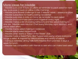 Meet Maddie
Age: 20
Year: Junior
Residence: Oak Creek
Apartments

Maddie is part of the 41% of students
who never eat a salad, but regular
grocery shop.
 