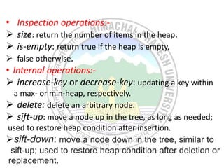 • Inspection operations:-
 size: return the number of items in the heap.
 is-empty: return true if the heap is empty,
 false otherwise.
• Internal operations:-
 increase-key or decrease-key: updating a key within
a max- or min-heap, respectively.
 delete: delete an arbitrary node.
 sift-up: move a node up in the tree, as long as needed;
used to restore heap condition after insertion.
sift-down: move a node down in the tree, similar to
sift-up; used to restore heap condition after deletion or
replacement.
 