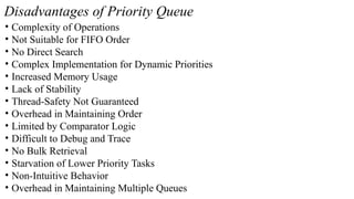 Disadvantages of Priority Queue
• Complexity of Operations
• Not Suitable for FIFO Order
• No Direct Search
• Complex Implementation for Dynamic Priorities
• Increased Memory Usage
• Lack of Stability
• Thread-Safety Not Guaranteed
• Overhead in Maintaining Order
• Limited by Comparator Logic
• Difficult to Debug and Trace
• No Bulk Retrieval
• Starvation of Lower Priority Tasks
• Non-Intuitive Behavior
• Overhead in Maintaining Multiple Queues
 