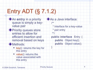 Entry ADT (§ 7.1.2)
An entry in a priority
queue is simply a keyvalue pair
Priority queues store
entries to allow for
efficient insertion and
removal based on keys
Methods:




key(): returns the key for
this entry
value(): returns the
value associated with
this entry

© 2004 Goodrich, Tamassia

As a Java interface:

/**
* Interface for a key-value
* pair entry
**/
public interface Entry {
public Object key();
public Object value();
}

Priority Queues

4

 