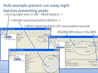 Rule example prevent run-away night batches preventing peaks> During night time 17:00 – 08:00 (folder) ->> Identify reporting batches (folder) -> 		> When reporting batch I/O consumption exceeds 						     100,000,000 reduce it by 80%12ActiveBase Ltd. All Rights reserved
