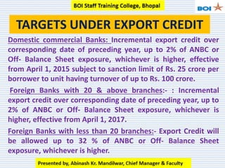 TARGETS UNDER EXPORT CREDIT
Domestic commercial Banks: Incremental export credit over
corresponding date of preceding year, up to 2% of ANBC or
Off- Balance Sheet exposure, whichever is higher, effective
from April 1, 2015 subject to sanction limit of Rs. 25 crore per
borrower to unit having turnover of up to Rs. 100 crore.
Foreign Banks with 20 & above branches:- : Incremental
export credit over corresponding date of preceding year, up to
2% of ANBC or Off- Balance Sheet exposure, whichever is
higher, effective from April 1, 2017.
Foreign Banks with less than 20 branches:- Export Credit will
be allowed up to 32 % of ANBC or Off- Balance Sheet
exposure, whichever is higher.
 