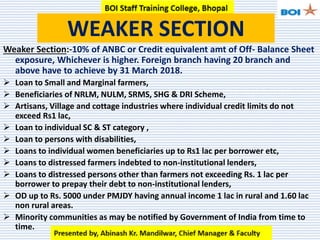 Weaker Section:-10% of ANBC or Credit equivalent amt of Off- Balance Sheet
exposure, Whichever is higher. Foreign branch having 20 branch and
above have to achieve by 31 March 2018.
 Loan to Small and Marginal farmers,
 Beneficiaries of NRLM, NULM, SRMS, SHG & DRI Scheme,
 Artisans, Village and cottage industries where individual credit limits do not
exceed Rs1 lac,
 Loan to individual SC & ST category ,
 Loan to persons with disabilities,
 Loans to individual women beneficiaries up to Rs1 lac per borrower etc,
 Loans to distressed farmers indebted to non-institutional lenders,
 Loans to distressed persons other than farmers not exceeding Rs. 1 lac per
borrower to prepay their debt to non-institutional lenders,
 OD up to Rs. 5000 under PMJDY having annual income 1 lac in rural and 1.60 lac
non rural areas.
 Minority communities as may be notified by Government of India from time to
time.
WEAKER SECTION
 