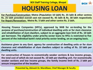 HOUSING LOAN
For Purchase/Construction: Metro (Population 10 lakh) Rs. 35 lakh & other centres
Rs. 25 lakh provided overall cost not exceed Rs. 45 lakh & Rs. 30 lakh respectively
For Repair/Renovation: Metro Rs. 5 lakh and other centre Rs. 2 lakh.
Housing Finance Companies (HFCs), approved by NHB for on-lending for the
purpose of purchase/construction of individual dwelling units or for slum clearance
and rehabilitation of slum dwellers, subject to an aggregate loan limit of Rs. 10 lakh
per borrower. The eligibility under priority sector loans to HFCs is restricted to five
percent of the individual bank’s total priority sector lending, on an ongoing basis.
Assistance given to any Govt. agency for construction of dwelling units or for slum
clearance and rehabilitation of slum dwellers subject to ceiling of Rs. 10 lakh per
dwelling units.
For construction of houses to economically weaker sections & low income groups,
the total cost of which do not exceed Rs. 10 lakh per dwelling unit. For economically
weaker sections and low income groups, the family income limit of Rs. 2 lakh per
annum irrespective of the location.
 