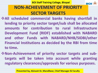 All scheduled commercial banks having shortfall in
lending to priority sector target/sub shall be allocated
amounts for contribution to rural Infrastructure
Development Fund (RIDF) established with NABARD
and other Funds with NABARD/NHB/SIDBI/other
Financial Institutions as decided by the RBI from time
to time.
Non-Achievement of priority sector targets and sub-
targets will be taken into account while granting
regulatory clearances/approvals for various purposes.
NON-ACHIEVEMENT OF PRIORITY
SECTOR TARGETS
 