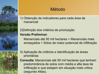 Método
                        1) Obtenção de indicadores para cada área de
                           manancial

                        2)Definição dos critérios de priorização
                        Versão Preliminar:
                          Mananciais até 50 mil hectares + Mananciais mais
                          ameaçados + Solos de maior potencial de infiltração

                        3) Aplicação de critérios e identificação de áreas
                           prioritárias
                        Consulta: Mananciais até 50 mil hectares que tenham
                           predominância de solos com média a alta taxa de
                           infiltração e que estejam em situação mais critica
Fotos: Scott Warren e
Leandro Baumgarten.
                           (segundo Atlas).
 