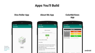 This work is
licensed under
the Apache 2.0
License
Apps You’ll Build
Dice Roller App About Me App ColorMyViews
App
 