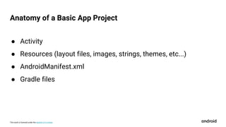 This work is licensed under the Apache 2.0 License
● Activity
● Resources (layout files, images, strings, themes, etc...)
● AndroidManifest.xml
● Gradle files
Anatomy of a Basic App Project
 