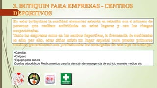 •Camillas
•Oxígeno
•Equipo para sutura
Cuellos ortopédicos Medicamentos para la atención de emergencia de estricto manejo medico etc

 