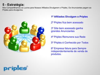 5 - Estratégia:
Nós Compartilhamos os Lucros para Nossos Afiliados Divulgarem o Priples, Os Anunciantes pagam ao
Priples para divulgá-los.
1º Afiliados Divulgam o Priples
2º Priples fica bem acessado
3º Site bem acessado ganha
grandes Anunciantes
4º Priples Remunera sua Rede
5º Priples é Conhecido por Todos
6º Empresa fatura para Sempre
independentemente de venda de
produtos.
 