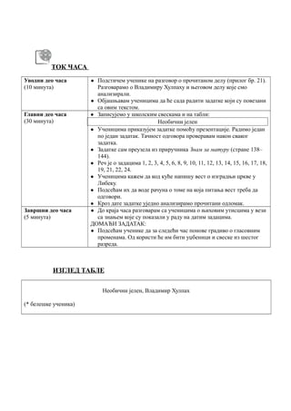 ТОК ЧАСА
Уводни део часа
(10 минута)
● Подстичем ученике на разговор о прочитаном делу (прилог бр. 21).
Разговарамо о Владимиру Хулпаху и његовом делу које смо
анализирали.
● Објашњавам ученицима да ће сада радити задатке који су повезани
са овим текстом.
Главни део часа
(30 минута)
● Записујемо у школским свескама и на табли:
Необични јелен
● Ученицима приказујем задатке помоћу презентације. Радимо један
по један задатак. Тачност одговора проверавам након сваког
задатка.
● Задатке сам преузела из приручника Знам за матуру (стране 138–
144).
● Реч је о задацима 1, 2, 3, 4, 5, 6, 8, 9, 10, 11, 12, 13, 14, 15, 16, 17, 18,
19, 21, 22, 24.
● Ученицима кажем да код куће напишу вест о изградњи цркве у
Либеку.
● Подсећам их да воде рачуна о томе на која питања вест треба да
одговори.
● Кроз дате задатке уједно анализирамо прочитани одломак.
Завршни део часа
(5 минута)
● До краја часа разговарам са ученицима о њиховим утисцима у вези
са знањем које су показали у раду на датим задацима.
ДОМАЋИ ЗАДАТАК:
● Подсећам ученике да за следећи час понове градиво о гласовним
променама. Од користи ће им бити уџбеници и свеске из шестог
разреда.
ИЗГЛЕД ТАБЛЕ
Необични јелен, Владимир Хулпах
(* белешке ученика)
 