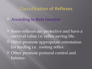 Classification of Reflexes
 According to their function
 Some reflexes are protective and have a
survival value i.e. reflex saving life.
 Other promote appropriate orientation
for feeding i.e. rooting reflex.
 Other promote postural control and
balance.
 