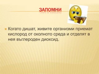 ЗАПОМНИ



Когато дишат, живите организми приемат
кислород от околното среда и отделят в
нея въглероден диоксид.

 