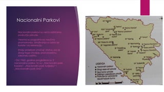 Nacionalni Parkovi
- Nacionalni parkovi su veća zaštićena
područja prirode.
- Veoma su pogodna za naučna
promatranja, istraživanja a ćesto se
koriste i za rekreaciju.
- Imaju poseban značaj i status, pa se
zbog toga stavljaju pod posebnu
zakonsku zaštitu.
- Od 1962. godine proglašena su 3
nacionalna parka, to su: „Nacionalni park
Kozara“, „Nacionalni park Sutjeska“ i
„Nacioanalni park Una“
 