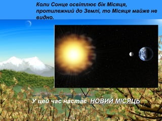Коли Сонце освітлює бік Місяця, 
протилежний до Землі, то Місяця майже не 
видно. 
У цей час настає ННООВВИИЙЙ ММІІССЯЯЦЦЬЬ 
 