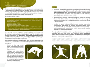 46
13FINASIRANJE BAVLJENJA SPORTOM
Danassutroškovibavljenjasportomskoroupotpunostinateretuporodice
i zato, nažalost, on nije dostupan svoj deci koja ga vole i žele da redovno
treniraju, već samo deci čiji roditelji mogu izdvojiti značajnu sumu novca
za mesečne članarine, troškove prevoza, kvalitetniju ishranu, sportsku opre­
mu, putovanja na takmičenja, odlaske na pripreme, itd.
To potvrđuju sledeći podaci:
Imajući u vidu iznesene podatke i subjektivnost dečije procene (sklonost
da materijalni status porodice vide povoljnijim nego što on zaista jeste),
možemo konstatovati da za najmanje jednu petinu roditelja, troškovi
sportske aktivnosti njihove dece predstavljaju ozbiljan problem, jer
prevazilaze njihove finansijske mogućnosti.
Ako i vi imate finansijskih problema, a ne želite da svom detetu uskratite
sve ono što je neophodno za nesmetano bavljenje sportom, onda vam
savetujemo:
Nemojte se zbog toga osećati•	
kri­vim, frustriranim, manje vred-
nim, nesposobnim, neuspešnim
ili uznemirenim.
Pokušajte naći neko alterna-•	
tivno rešenje: razgovarajte sa
pojedincima ili organizacijama
koje bi mogle biti potencijalni
sponzori ili donatori (prvo kre­
nite od svoje radne ogranizaci-
je, poznanika i prijatelja, pa do
poznatih i uspešnih firmi).
Anketa izvedena na mladim talentovanim sportistima (N=477) na kampu
Ministarstva za omladinu i sport u Karatašu 2005. godine otkriva [3] da
većina njih dolazi iz:
Gradskih sredina - 85.7%
Potpunih porodica - 95.0%
Četveročlanih i petočlanih porodica - 75.8% i
Porodica sa povoljnom ili veoma povoljnom materijalnom situacijom –
86.5%. Samo 13.5% sportista je materijalnu situaciju svoje porodice oce-
nilo kao“nepovoljnu”ili“ne naročito povoljnu”
47
Saveti:
Zapamtite,•	 vrlojevažnodaosvojimpokušajima,uspesimailineuspes­
ima ne razgovarate pred detetom kako ga ne bi dodatno opterećivali
osećanjem obaveze (koja rezultira visokim pritiskom i odgo­­vo­rnošću)
da svojim sportskim rezultatom mora“opravdati”vaš trud i očekivanja
sponzora da će im se“uloženi novac vratiti”.
Razgovarajte sa trenerom i rukovodstvom kluba. Iznesite im svoj pro­•	
blem i vidite da li oni izlaze u susret onim članovima koji ne mogu da
plate pun iznos članarine, a deca pokazuju veliko interesovnje, talenat
i želju da treniraju.
Istražite sve opcije, tražite podršku i nemojte se zbog toga osećati•	
uznemirenim. Vaše dete je vaš prioritet. Iskustvo koje dobije baveći
se sportom može mu pomoći da odraste u zdravu, samopouzdanu i
zadovoljnu osobu, da stekne životno vredne veštine, ostvari uspešnu
sportsku i/ili profesionalnu karijeru.
Nemojte toliko finansijski investirati u sport svoje dece samo zato što
očekujete da će vam se to jednog dana višestruko isplatiti. Nemojte ih
pritiskati obavezom da svojim sportskim rezultatima reše materijalne
probleme i egzistenciju svoje porodice.
 
