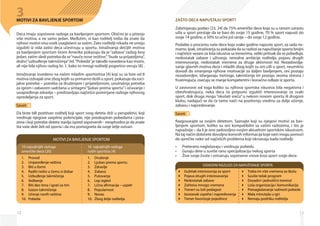 12
MOTIVI ZA BAVLJENJE SPORTOM
Deca imaju sopstvene razloge za bavljenjem sportom. Obično je u pitanju
više motiva, a ne samo jedan. Međutim, vi kao roditelj treba da znate da
njihovi motivi nisu uvek usaglašeni sa vašim. Zato roditelji nikada ne smeju
izgubiti iz vida zašto deca učestvuju u sportu. Istraživanja dečijih motiva
za bavljenjem sportom širom Amerike pokazuju da je “zabava” razlog broj
jedan, zatim sledi potreba da se“nauče nove veštine”,“bude sa prijateljima”,
doživi“uzbuđenje takmičenja”itd.“Pobeda”je takođe navedena kao motiv,
ali nije bila njihov razlog br. 1, kako to mnogi roditelji pogrešno veruju [8] .
Istraživanje izvedeno na našim mladim sportistima [4] koji su sa liste od 8
motiva izdvajali one zbog kojih su primarno došli u sport, pokazuje da soci-
jalne potrebe – potreba za druženjem i prijateljstvom, unutrašnja potreba
za igrom i zabavom sadržana u sintagmi“ljubav prema sportu”i očuvanje i
unapređenje zdravlja – predstavljaju najčešće pominjane razloge njihovog
opredeljenja za sport.
Savet:
Da biste bili pozitivan roditelj koji sport svog deteta drži u perspektivi, koji
vrednuje njegove vaspitne potencijale, nije preokupiran pobedama i pora-
zima i koji potrebe deteta stavlja ispred sopstvenih - neophodno je da znate
šta vaše dele želi od sporta i da mu pomognete da svoje želje ostvari.
MOTIVI ZA BAVLJENJE SPORTOM
10 najvažnijih razloga
američke dece [20]
Provod1.	
Unpaređenje veština2.	
Biti u formi3.	
Raditi nešto u čemu si dobar4.	
Uzbuđenje takmičenja5.	
Vežbanje6.	
Biti deo tima i igrati za tim7.	
Izazov takmičenja8.	
Učenje novih veština9.	
Pobeda10.	
10 najvažnijih razloga
naših sportista [4]
Druženje1.	
Ljubav prema sportu2.	
Zdravlje3.	
Zabava4.	
Putovanja5.	
Lep izgled6.	
Lična afirmacija – uspeh7.	
Popularnost8.	
Novac9.	
Zbog želje roditelja10.	
3
13
ZAŠTO DECA NAPUŠTAJU SPORT?
Zabrinjavaju podaci [23, 24] da 75% američke dece koja su u ranom uzrastu
ušla u sport prestaje da se bavi do svoje 15 godine, 70 % sport napusti do
svoje 14 godine, a 50% to učini još ranije – do svoje 12 godine.
Podatke o procentu naše dece koja svake godine napuste sport, za sada ne­
mamo.Ipak,istraživanjasupokazaladasurazlozizanapuštanjesportabrojni
i najčešće vezani za loša iskustva sa trenerima, veliki pritisak da se pobeđuje,
nedostatak zabave i uživanja, nerealne ambicije roditelja, pojavu drugih
interesovanja, nedostatak vremena za druge aktivnosti itd. Nezadovolja-
vanje glavnih motiva dece i mladih zbog kojih su oni ušli u sport, neumitno
dovodi do smanjenja njihove motivacije za daljim bavljenjem, oni postaju
nezadovoljni, izbegavaju treninge, takmičenja im postaju veoma stresna i
frustrirajuća, osećaju se manje kompetentni i konačno odlaze iz sporta.
U zavisnosti od toga koliko su njihova sportska iskustva bila negativna i
obeshrabrujuća, neka deca će potpuno izgubiti interesovanje za svaki
sport, dok druga mogu “okušati sreću” u nekom novom sportu ili drugom
klubu, nadajući se da će tamo naići na pozitivnju sredinu za dalje učenje,
zabavu i napredovanje.
Savet:
Razgovarajte sa svojim detetom. Saznajte koji su njegovi motivi za bav-
ljenjem sportom, koliko su oni kompatibilni sa vašim razlozima, i što je
najvažnije – da li je ono zadovoljno svojim aktuelnim sportskim iskustvom.
Na taj način dobićete dovoljno korisnih informacija koje vam mogu pomoći
da sprečite neke od najčešćih problema koji iskrsavaju kada roditelji:
Preterano naglašavaju i vrednuju pobedu•	
Guraju dete u suviše ranu specijalizaciju nekog sporta•	
Žive svoje žvote i ostvaruju sopstvene snove kroz sport svoje dece.•	
Gubitak interesovnja za sport
Pojava drugih interesovanja
Nedostatak zabave
Zahteva mnogo vremena
Treneri su loši pedagozi
Izostanak uspeha i napredovanja
Trener favorizuje pojedince
Treba im više vremena za školu
Suviše težak program
Dosadni i jednolični treninzi
Loša organizacija i komunikacija
Prenaglašavanje važnosti pobede
Mala minutaža u igri
Nemaju podršku roditelja
OSNOVNI RAZLOZI ZA NAPUŠTANJE SPORTA
 