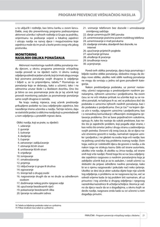 PRIRUČNIK - Program prevencije vršnjačkog nasilja u školama 21
PROGRAM PREVENCIJE VRŠNJAČKOG NASILJA
u to uključili i roditelje, kao bitnu kariku u ovom lancu.
Dakle, ovaj dio preventivnog programa podrazumijeva
aktivnost učenika i njihovih roditelja iz Grupe za podršku,
orijentisanu na podizanje svijesti u lokalnoj zajednici
i uticaju nasilja na razvoj djece i mogućnostima koje
zajednica može da im pruži u borbi protiv ovog vrlo jakog
protivnika.
MONITORING
NASILNIH OBLIKA PONAŠANJA
Aktivnost monitoringa nasilnih oblika ponašanja me-
đu djecom, u okviru programa prevencije vršnjačkog
nasilja provodi se na sljedeći način. U okviru svakog
odjeljenjaodredisejedanučenik,kojićeimatiuloguonoga
koji posmatra ponašanja svojih drugova iz odjeljenja
i bilježi u, za to pripremljenu, tabelu.18
Posmatraju se
ponašanja koja se dešavaju, kako u učionici, tako i na
odmorima unutar škole i u školskom dvorištu. Ono što
je bitno za ovo posmatranje jeste da je taj učenik koji
provodi monitoring zadužen za posmatranje ponašanja
samo svojih drugova iz razreda.
Na kraju svakog mjeseca, ovaj učenik predstavlja
prikupljene podatke na času odjeljenjske zajednice, bez
navođenja imena učesnika u nasilju. Tačnije rečeno, daju
sestatističkipodaciooblicimanasiljakojisupreovladavali
u tom odjeljenju u proteklih mjesec dana.
Oblici nasilja, koji se prate, su sljedeći:
1. udaranje
2. guranje
3. šutiranje
4. davljenje
5. čupanje
6. zatvaranje i zaključavanje
7. otimanje ličnih stvari
8. uništavanje ličnih stvari
9. vrijeđanje
10. ismijavanje
11. omalovažavanje
12. prijetnja
13. isključivanje iz grupe ili društva
14. ogovaranje
15. širenje laži o drugoj osobi
16. nagovaranje drugih da se ne druže sa određenom
osobom
17. dodirivanje nekog protiv njegove volje
18. upućivanje bezobraznih riječi
19. pokazivanje bezobraznih slika
20. tjeranje na seksualni odnos
21. snimanje telefonom bez dozvole i umnožavanje
snimljenog sadržaja
22. slanje uznemirujućih SMS poruka
23. uznemiravanje pozivima putem mobilnog telefona
24. uznemiravanje e-mail porukama
25. stavljanje snimaka, obavljenih bez dozvole, na
internet
26. upućivanje prijetećih pogleda
27. upućivanje grimasa
28. uhođenje ili praćenje
29. iznuđivanje novca
30. ucjenjivanje.
Pored ovih oblika ponašanja, djeca koja posmatraju i
bilježe nasilne oblike ponašanja, slobodno mogu da do-
daju nove oblike, ukoliko neki oblik nasilnog ponašanja
ne mogu da svrstaju u jednu od gore ponuđenih kate-
gorija.
Nakon predstavljanja podataka, uz pomoć nastav-
nika, učenici razgovaraju o predstavljanim nasilnim po-
našanjima, njihovim uzrocima i posljedicama. Na ovom
času se ne vrši nikakav pritisak na učenike koji su se na-
silno ponašali, ne kažnjava ih se, već se pokušava doći do
podataka o uzrocima njihovih nasilnih ponašanja, kao i
do podataka o posljedicama. Ovo je čas19
na kojem dje-
ca uče o nasilju, njegovim uzrocima i posljedicama, kao
i o nenasilnoj komunikaciji i eﬁkasnijim strategijama rje-
šavanja problema. Oni se bave pojedinačnim sukobima,
opisuju ih, tako što nastoje da sukob predstave, kao ne-
što što je zajednički problem, koji pogađa obje strane, i
kao nešto što ometa i jednu i drugu stranu u zadovoljenju
svojih potreba. Osnovni cilj ovog časa je, da se djeca na-
uče otvoreno govoriti o nasilju, razmatrati njegove uzro-
ke i posljedice, i ne gledati na osobu koja vrši nasilje, kao
na jedinog uzročnika tog problema zvanog nasilje. Osim
toga, važno je i osloboditi djecu da govore o nasilju, a da
nakon toga ne očekuju kaznu (bilo od strane autoriteta,
ukoliko vrše nasilje, ili ukoliko su žrtva nasilja, od strane
onih koji vrše nasilje). Pored toga što se na času odjeljenj-
ske zajednice razgovara o nasilnim ponašanjima koja je
zabilježio učenik koji je za to zadužen, i ostali učenici su
slobodni da prijave određeno nasilno ponašanje, kako
bi se o njemu razgovaralo i pokušalo naći neko rješenje.
Ukoliko se desi da je akter sukoba dijete koje nije učenik
tog odjeljenja, o problemu se ne razgovara taj čas, već se
odredi vrijeme kada će taj problem biti razmatran, ali uz
prisustvo i tog učenika iz drugog odjeljenja i njegovog
razrednika/razrednice ili učitelja/učiteljice. Veoma je važ-
no da djeca nauče da se o događajima, u okviru kojih se
desilo nasilje, razgovara onda kada su svi učesnici u tom
događaju prisutni.
18.Tabela za bilježenje podataka nalazi se u prilozima.
19. Prikaz strukture časa nalazi se u prilozima.
 