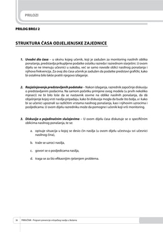 PRIRUČNIK - Program prevencije vršnjačkog nasilja u školama36
PRILOG BROJ 2
STRUKTURA ČASA ODJELJENJSKE ZAJEDNICE
1. Uvodni dio časa – u okviru kojeg učenik, koji je zadužen za monitoring nasilnih oblika
ponašanja, predstavlja prikupljene podatke ostatku razreda i razrednom starješini. U ovom
dijelu se ne imenuju učesnici u sukobu, već se samo navode oblici nasilnog ponašanja i
njihova frekvencija. Za ovaj dio časa učenik je zadužen da podatke predstavi graﬁčki, kako
bi ostalima bilo lakše pratiti njegovo izlaganje.
2. Razjašnjavanje predstavljenih podataka – Nakon izlaganja, razrednik započinje diskusiju
o predstavljanim podacima. Na samom početku primjene ovog modela (u prvih nekoliko
mjeseci) ne bi bilo loše da se nastavnik osvrne na oblike nasilnih ponašanja, da dâ
objašnjenje kojoj vrsti nasilja pripadaju, kako bi diskusija mogla da bude što bolja, a i kako
bi se učenici upoznali sa različitim vrstama nasilnog ponašanja, kao i njihovim uzrocima i
posljedicama. U ovom dijelu razredniku može da pomogne i učenik koji vrši monitoring.
3. Diskusija o pojedinačnim slučajevima – U ovom dijelu časa diskutuje se o speciﬁčnim
oblicima nasilnog ponašanja, te se:
a. opisuje situacija u kojoj se desio čin nasilja (u ovom dijelu učestvuju svi učesnici
nasilnog čina),
b. traže se uzroci nasilja,
c. govori se o posljedicama nasilja,
d. traga se za što eﬁkasnijim rješenjem problema.
PRILOZI
 