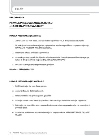 PRIRUČNIK - Program prevencije vršnjačkog nasilja u školama40
PRILOG BROJ 4
PRAVILA PREGOVARANJA ZA IGRICU
„HAJDE DA PREGOVARAMO“
PRAVILA PREGOVARANjA ZA DJECU
1. Jasno kažite šta vam treba, tako da budete sigurni da vas je druga osoba razumjela.
2. Ni na koji način ne smijete vrijeđati sagovornika. Ako imate problema u sporazumijevanju,
NAPADAJTE PROBLEM, A NE SAGOVORNIKA.
3. Ne smijete nikada prekidati sagovornika.
4. Ako nekoga niste uspjeli da ubijedite odmah, razmislite i konsultujte se sa članovima grupe,
kakav bi drugi način bio najpogodniji. POKUŠAJTE PONOVO.
5. Pokažite razumijevanje za potrebe drugih ljudi.
Ukratko ... PREGOVARAJTE!!!
PRAVILA PREGOVARANjA ZA ODRASLE
1. Pažljivo slušajte šta vam djeca govore.
2. Ako vrijeđaju, ne dajte saglasnost.
3. Ne dozvolite da vas prekidaju dok govorite.
4. Ako djeca misle samo na svoje potrebe, a vaše smatraju nevažnim, ne dajte saglasnost.
5. Pokušajte da ne mislite samo na ono što je vama važno, nego pokušajte da razumijete i
potrebe djece.
6. Ako imate problema u sporazumijevanju sa sagovornikom, NAPADAJTE PROBLEM, A NE
OSOBU.
PRILOZI
 