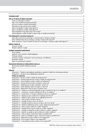 PRIRUČNIK - Program prevencije vršnjačkog nasilja u školama 3
SADRŽAJ
UVODNA RIJEČ .................................................................................................................................................................................................... 4
ŠTA JE TO NASILJE MEĐU DJECOM? ............................................................................................................................................................ 5
Zašto su neka djeca nasilna? ................................................................................................................................................................. 6
Koje vrste nasilnih ponašanja postoje? .............................................................................................................................................. 6
Koji su to znakovi nasilnih ponašanja? ............................................................................................................................................... 7
Koja djeca mogu postati žrtve nasilja? .............................................................................................................................................. 7
Koje su posljedice nasilja među djecom? ......................................................................................................................................... 7
Koje su posljedice nasilja među djecom? .......................................................................................................................................... 7
Koje posljedice imaju djeca koja vrše nasilje? ................................................................................................................................. 8
Koje posljedice nasilje ostavlja na djecu koja to nasilje posmatraju? ..................................................................................... 8
ŠTA PREDUZETI U SLUČAJU NASILJA? ........................................................................................................................................................ 9
Kako djeca treba da se ponašaju u situaciji kada su izložena nasilju? .................................................................................... 9
Kako roditelji treba da se ponašaju u slučaju nasilja među djecom? ..................................................................................... 9
Kako nastavnici i stručni saradnici treba da se ponašaju u slučaju nasilja među djecom? .......................................... 10
MEDIJI I NASILJE .............................................................................................................................................................................................. 11
Internet i nasilje ....................................................................................................................................................................................... 11
Mobilni telefoni i nasilje ....................................................................................................................................................................... 12
SUKOBI I NJIHOVO RJEŠAVANJE ................................................................................................................................................................ 13
Vrste sukoba ............................................................................................................................................................................................. 13
Najčešći uzroci sukoba u školi/odjeljenju ...................................................................................................................................... 14
Funkcije sukoba ....................................................................................................................................................................................... 15
Struktura sukoba i uobičajeni načini ponašanja u konﬂiktima ............................................................................................... 15
Dinamika sukoba .................................................................................................................................................................................... 16
Kako se suprotstaviti sukobu? ............................................................................................................................................................ 16
PROGRAM PREVENCIJE VRŠNJAČKOG NASILJA ................................................................................................................................. 20
Monitoring nasilnih oblika ponašanja ............................................................................................................................................ 21
Igrice ............................................................................................................................................................................................................ 22
PRILOZI ................................................................................................................................................................................................................ 35
Prilog broj 1 - Tabela za prikupljanje podataka o opaženim oblicima nasilnog ponašanja ........................................... 35
Prilog broj 2 - Struktura časa odjeljenjske zajednice ................................................................................................................... 36
Prilozi za radionice .............................................................................................................................................................................. 37
Prilog broj 3 - Kartice za igricu„Hajde da pregovaramo“ ........................................................................................................... 37
Prilog broj 4 – Pravila pregovaranja za igricu„Hajde da pregovaramo“ ............................................................................... 40
Prilog broj 5 – Pisma čitalaca za igricu„Zašto me odbacuju?“ ................................................................................................. 41
Prilog broj 6 – Krošnja drveta za igricu„Čovječe, ne ljuti se!“ ................................................................................................... 43
Prilog broj 7 – Izgled panoa za igricu„Čovječe, ne ljuti se!“ ...................................................................................................... 44
Prilog broj 8 – Ljutiti dijalog iz igrice„Čovječe, ne ljuti se!“ ....................................................................................................... 44
Prilog broj 9 – Nedovršeni strip za igricu„Čudesan strip“ ......................................................................................................... 45
Prilog broj 10 – Tabela za unošenje podataka za igricu„Možemo li da se ne svađamo“ ................................................ 46
Prilog broj 11 – Crtež broj 1 za igricu„Možemo li da se ne svađamo“ .................................................................................. 46
Prilog broj 12 – Crteži broj 2 i 3 za igricu„Možemo li da se ne svađamo“ ............................................................................ 47
Prilog broj 13 – Dijalog za igricu„Kako da se najbolje pomirimo?“ ....................................................................................... 48
Prilog broj 14 – Tabela za igricu„Kako da se najbolje pomirimo?“ ......................................................................................... 48
Prilog broj 15 – Priča za igricu„Pričam ti priču“ ............................................................................................................................. 48
Prilog broj 16 – Cedulje za igricu„Da li me slušaš“ ....................................................................................................................... 49
Prilog broj 17 – Cedulje označene slovima za igricu„Da li me slušaš“ .................................................................................. 50
Prilog broj 18 – Tabela za bilježenje poena u igrici„Hajde da pregovaramo“ .................................................................... 50
Prilog broj 19 – Priče za igricu„Kako je u tuđim cipelama“ ....................................................................................................... 51
Prilog broj 20 – Školska priča za igricu„Kako je u tuđim cipelama“ ....................................................................................... 52
Prilog broj 21 – Cedulje sa ulogama za igricu„Kako je u tuđim cipelama“ ......................................................................... 52
Prilog broj 22 – Upitnici za grupe za igricu„Kako je u tuđim cipelama“ ............................................................................... 52
Prilog broj 23 – Priče za igricu„Sada znam kako sa problemima“ .......................................................................................... 59
Prilog broj 24 - Vodič za voditelje za igricu„Sada znam kako sa problemima“ .................................................................. 64
Prilog broj 25 - Marioneta za igricu„Kako su me nagovorili?“ ................................................................................................. 65
Prilog broj 26 - Priča za igricu„Kako su me nagovorili?“ ............................................................................................................. 66
Prilog broj 27 - Lista pitanja za igricu„Kako su me nagovorili?“ .............................................................................................. 67
 